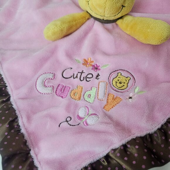 Disney Winnie The Pooh Lovey Rattle Pink Brown Satin Polka Security Blanket Cute - Picture 3 of 15